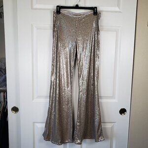 Free People NWT The Minx Champagne Sequins Flare Pant Size 6 Festival, Boho